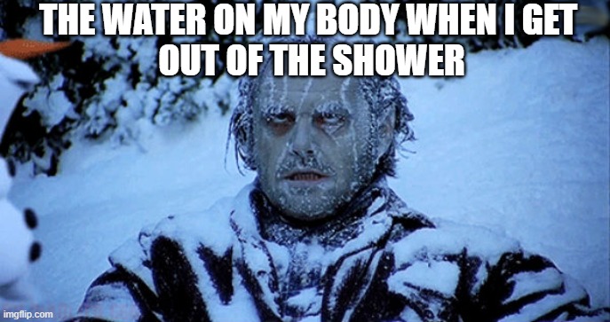 Freezing cold | THE WATER ON MY BODY WHEN I GET 
OUT OF THE SHOWER | image tagged in freezing cold | made w/ Imgflip meme maker