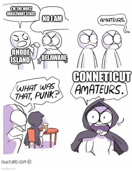 Amateurs | I’M THE MOST IRRELEVANT STATE NO I AM RHODE ISLAND DELAWARE CONNETICUT | image tagged in amateurs | made w/ Imgflip meme maker