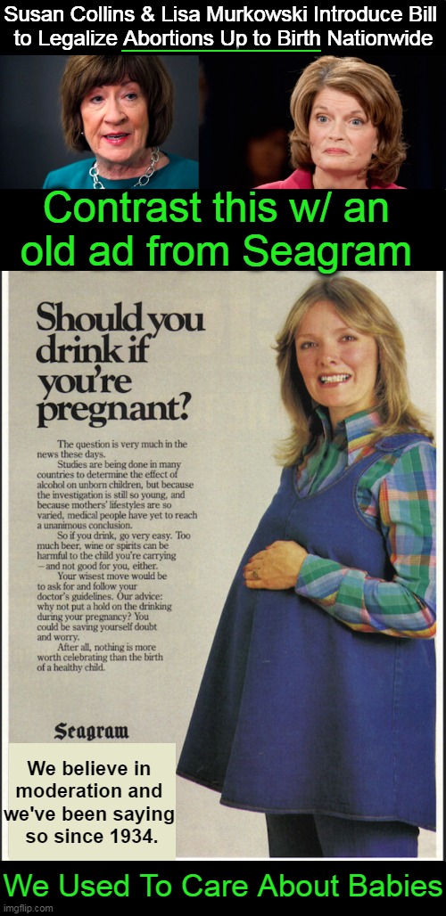 Choices |  Susan Collins & Lisa Murkowski Introduce Bill 
to Legalize Abortions Up to Birth Nationwide; _____________; Contrast this w/ an 
old ad from Seagram; We believe in 
moderation and 
we've been saying 
so since 1934. We Used To Care About Babies | image tagged in politics,liberals vs conservatives,rinos,abortion,babies,choices | made w/ Imgflip meme maker
