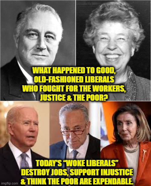 What happened? | WHAT HAPPENED TO GOOD,
OLD-FASHIONED LIBERALS
WHO FOUGHT FOR THE WORKERS,
JUSTICE & THE POOR? TODAY'S “WOKE LIBERALS”
DESTROY JOBS, SUPPORT INJUSTICE
& THINK THE POOR ARE EXPENDABLE. | image tagged in liberals | made w/ Imgflip meme maker