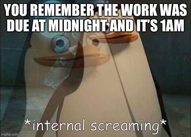 Tell me if this has happened to you | YOU REMEMBER THE WORK WAS DUE AT MIDNIGHT AND IT’S 1AM | image tagged in private internal screaming,funny,relatable | made w/ Imgflip meme maker