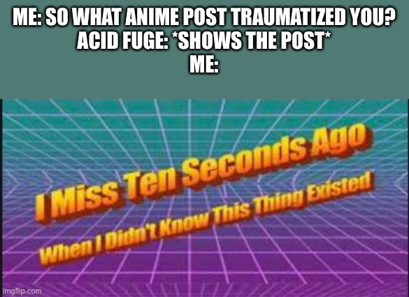 I miss ten seconds ago when I didn't know this thing existed. | ME: SO WHAT ANIME POST TRAUMATIZED YOU?
ACID FUGE: *SHOWS THE POST*
ME: | image tagged in i miss ten seconds ago when i didn't know this thing existed | made w/ Imgflip meme maker