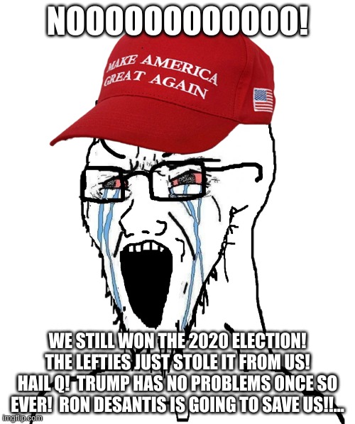 Maga soyjack | NOOOOOOOOOOOO! WE STILL WON THE 2020 ELECTION!  THE LEFTIES JUST STOLE IT FROM US!  HAIL Q!  TRUMP HAS NO PROBLEMS ONCE SO EVER!  RON DESANTIS IS GOING TO SAVE US!!... | image tagged in maga soyjack | made w/ Imgflip meme maker