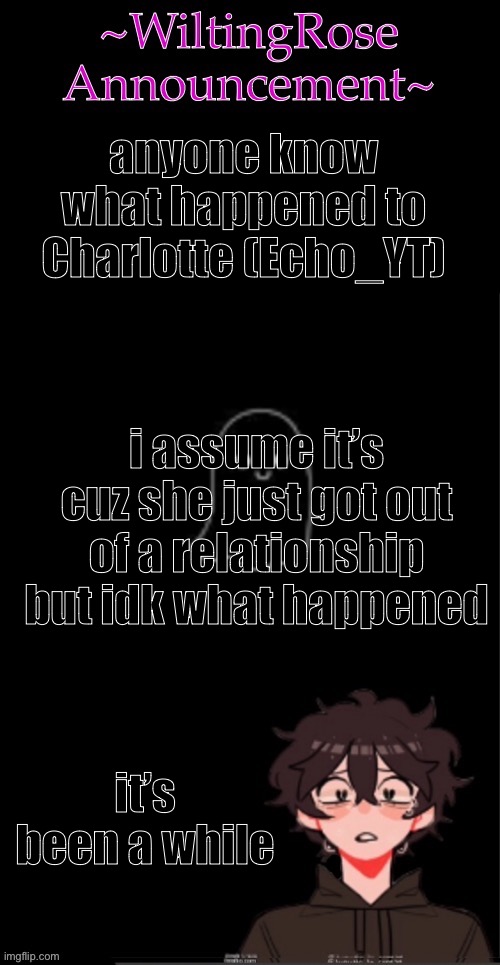 help if you can | anyone know what happened to Charlotte (Echo_YT); i assume it’s cuz she just got out of a relationship but idk what happened; it’s been a while | image tagged in wiltingrose announcement temp | made w/ Imgflip meme maker