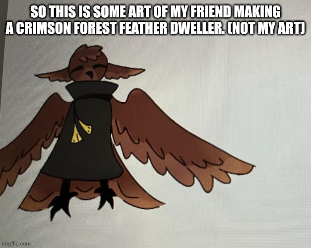 They said that they wanted to stay anonymous and wanted me to post it for them . | SO THIS IS SOME ART OF MY FRIEND MAKING A CRIMSON FOREST FEATHER DWELLER. (NOT MY ART) | image tagged in feathers | made w/ Imgflip meme maker
