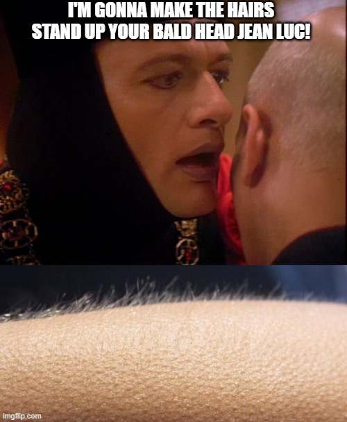 That Q Like Magic | I'M GONNA MAKE THE HAIRS STAND UP YOUR BALD HEAD JEAN LUC! | image tagged in q star trek whisper,whisper and goosebumps | made w/ Imgflip meme maker
