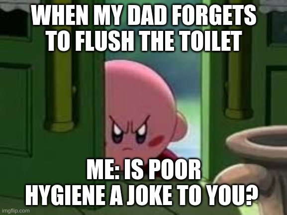 pissed of kirby | WHEN MY DAD FORGETS TO FLUSH THE TOILET; ME: IS POOR HYGIENE A JOKE TO YOU? | image tagged in pissed off kirby | made w/ Imgflip meme maker