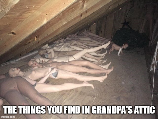 Serial Killer Vibes | THE THINGS YOU FIND IN GRANDPA'S ATTIC | image tagged in unsee juice | made w/ Imgflip meme maker