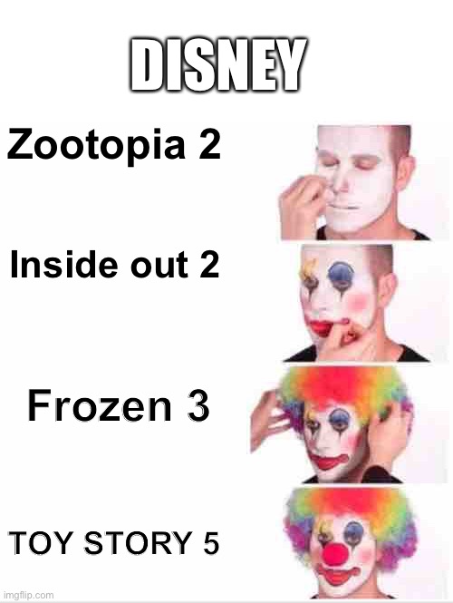 Clown Applying Makeup Meme | DISNEY; Zootopia 2; Inside out 2; Frozen 3; TOY STORY 5 | image tagged in memes,clown applying makeup | made w/ Imgflip meme maker