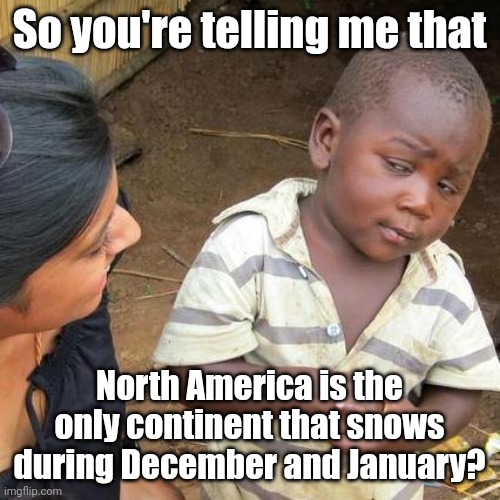 North American Christmas | So you're telling me that; North America is the only continent that snows during December and January? | image tagged in memes,third world skeptical kid,funny,december,january,christmas | made w/ Imgflip meme maker