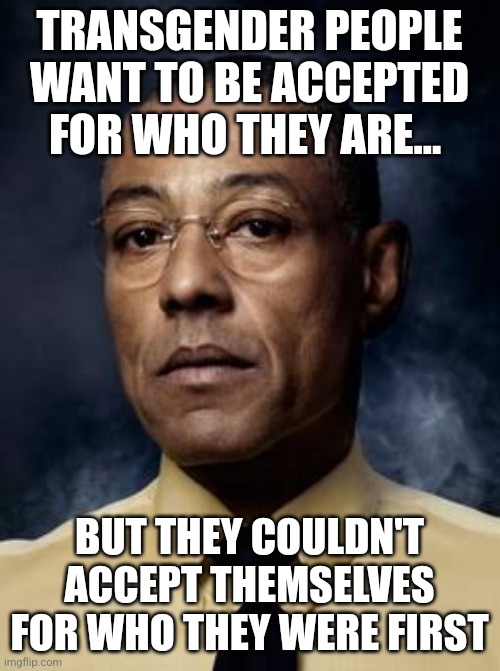 Gustavo Fring - Breaking Bad | TRANSGENDER PEOPLE WANT TO BE ACCEPTED FOR WHO THEY ARE... BUT THEY COULDN'T ACCEPT THEMSELVES FOR WHO THEY WERE FIRST | image tagged in gustavo fring - breaking bad | made w/ Imgflip meme maker