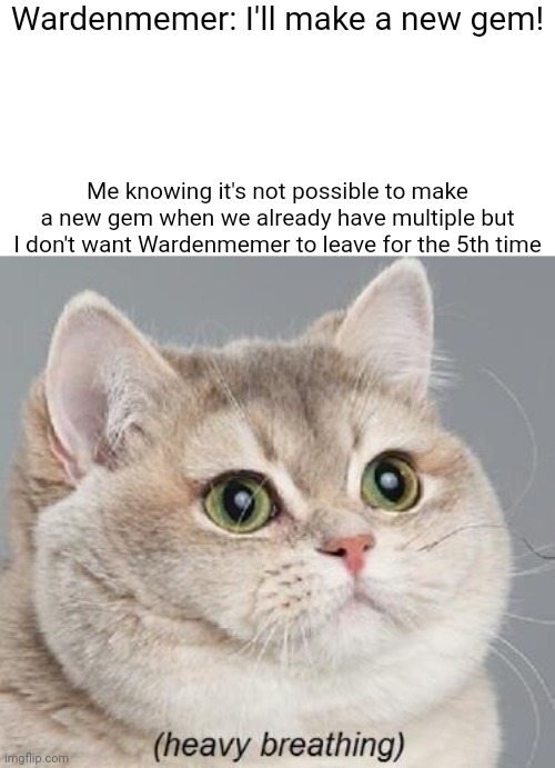 Heavy Breathing Cat Meme | Wardenmemer: I'll make a new gem! Me knowing it's not possible to make a new gem when we already have multiple but I don't want Wardenmemer  | image tagged in memes,heavy breathing cat | made w/ Imgflip meme maker