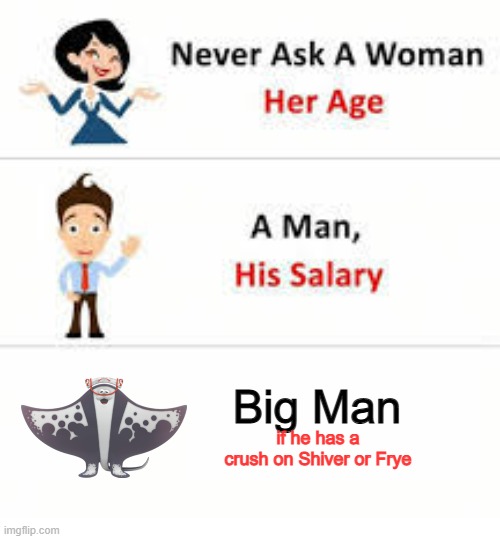 don't | Big Man; if he has a crush on Shiver or Frye | image tagged in never ask a woman her age | made w/ Imgflip meme maker
