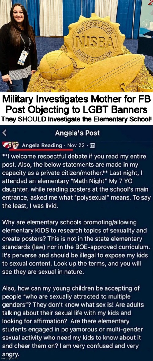 The Rational Parents VS The Ridiculous Radicals Today! | Military Investigates Mother for FB
Post Objecting to LGBT Banners; They SHOULD Investigate the Elementary School! | image tagged in political meme,liberals vs conservatives,gender identity,gender confusion,agenda,indoctrination | made w/ Imgflip meme maker