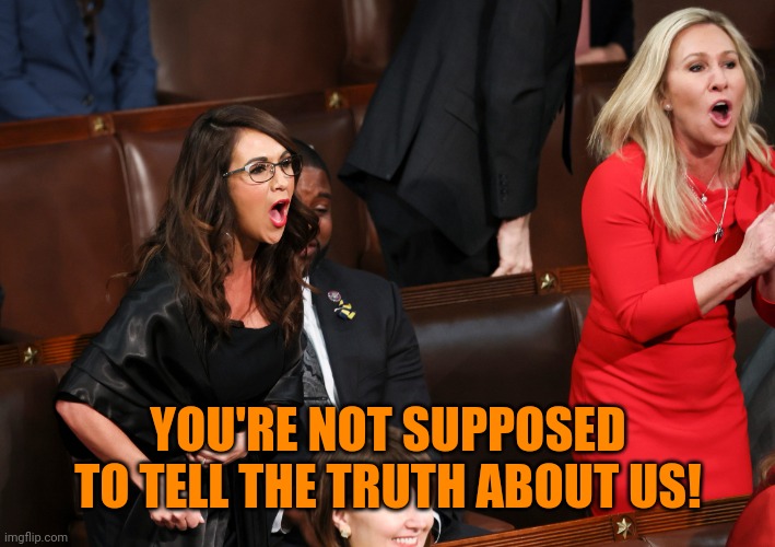 Lauren Boebert Marjorie Taylor Greene | YOU'RE NOT SUPPOSED TO TELL THE TRUTH ABOUT US! | image tagged in lauren boebert marjorie taylor greene | made w/ Imgflip meme maker