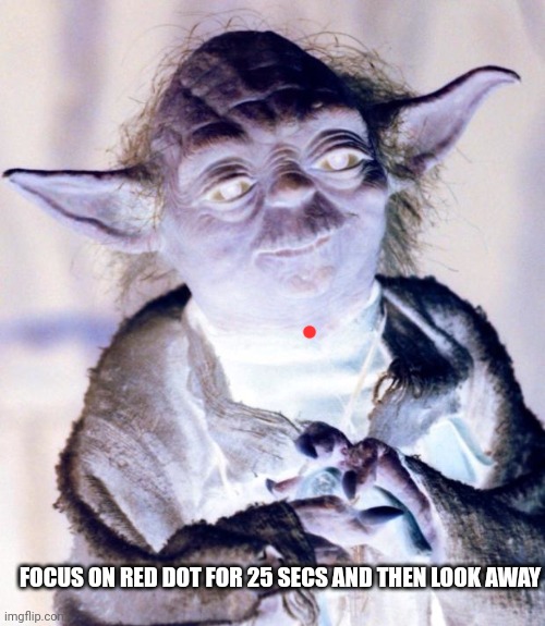Star Wars Yoda Meme | FOCUS ON RED DOT FOR 25 SECS AND THEN LOOK AWAY | image tagged in memes,star wars yoda,illusion,yes,so,stare | made w/ Imgflip meme maker