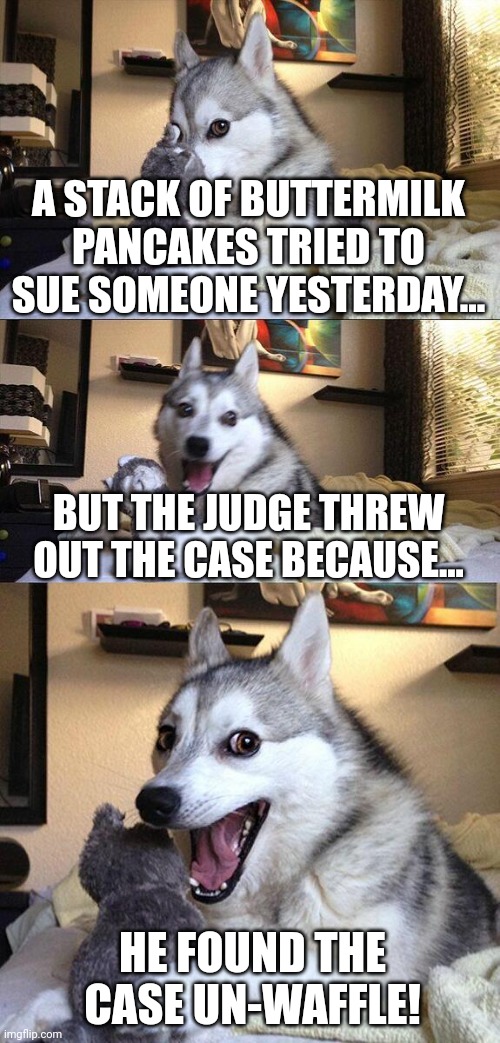 When the case is un-waffle | A STACK OF BUTTERMILK PANCAKES TRIED TO SUE SOMEONE YESTERDAY... BUT THE JUDGE THREW OUT THE CASE BECAUSE... HE FOUND THE CASE UN-WAFFLE! | image tagged in memes,bad pun dog | made w/ Imgflip meme maker
