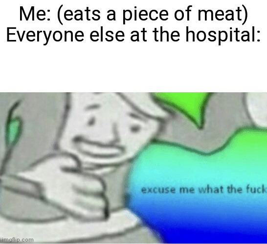 This is so true | Me: (eats a piece of meat)
Everyone else at the hospital: | image tagged in excuse me wtf blank template,funny memes | made w/ Imgflip meme maker