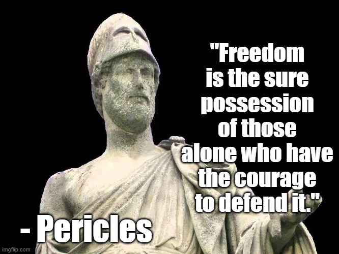 Freedom | "Freedom is the sure possession of those alone who have the courage to defend it."; - Pericles | image tagged in greeks,pericles,freedom,courage | made w/ Imgflip meme maker