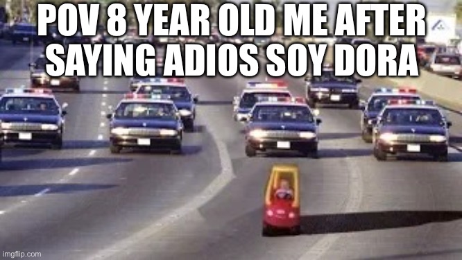 Cop chase | POV 8 YEAR OLD ME AFTER
SAYING ADIOS SOY DORA | image tagged in cop chase,dora the explorer,bye | made w/ Imgflip meme maker