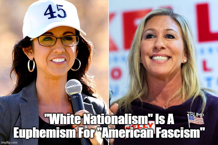 "White Nationalism Is A Euphemism For American Fascism" | "White Nationalism" Is A Euphemism For "American Fascism" | image tagged in american fascism,neo fascism,boebert,marjorie taylor greene,white nationalism | made w/ Imgflip meme maker