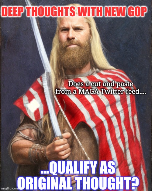 When a meme is made from a twatter cut and paste....lol! | DEEP THOUGHTS WITH NEW GOP; Does a cut and paste from a MAGA Twitter feed.... AV; ...QUALIFY AS ORIGINAL THOUGHT? | image tagged in the new standard dammit | made w/ Imgflip meme maker