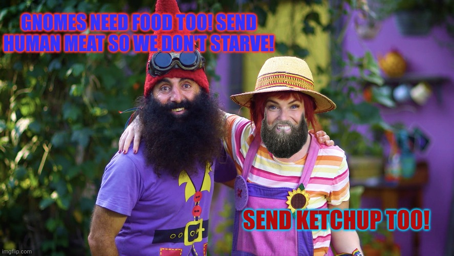 Donate to the "Feed the Gnomes" fund | GNOMES NEED FOOD TOO! SEND HUMAN MEAT SO WE DON'T STARVE! SEND KETCHUP TOO! | image tagged in save,the starving,gnomes,give money,and human meat | made w/ Imgflip meme maker