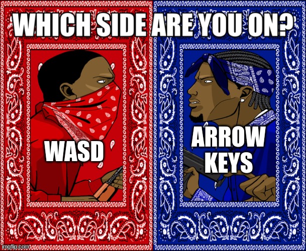 ... | ARROW KEYS; WASD | image tagged in which side are you on | made w/ Imgflip meme maker