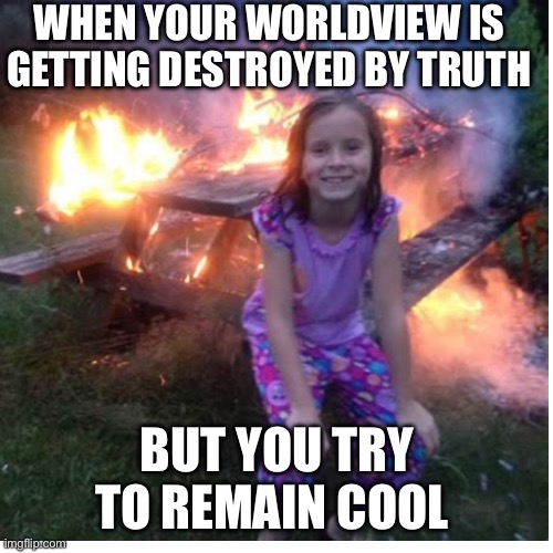 When your world view is being destroyed by truth | WHEN YOUR WORLDVIEW IS GETTING DESTROYED BY TRUTH; BUT YOU TRY TO REMAIN COOL | image tagged in pseudoscience,graphenevaccine,cognitivedissonance,failingmiserably,meltdown | made w/ Imgflip meme maker