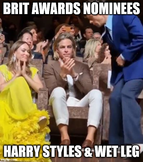 Brit awards 2023 | BRIT AWARDS NOMINEES; HARRY STYLES & WET LEG | image tagged in harry styles spitting on chris pine don t worry darling | made w/ Imgflip meme maker