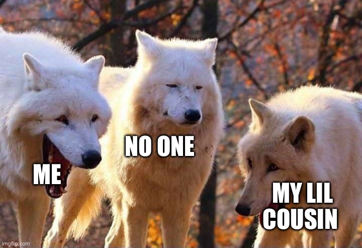 Laughing wolf | ME NO ONE MY LIL COUSIN | image tagged in laughing wolf | made w/ Imgflip meme maker