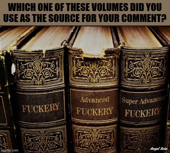 the books of fuckery knowledge | WHICH ONE OF THESE VOLUMES DID YOU
USE AS THE SOURCE FOR YOUR COMMENT? Angel Soto | image tagged in meme comments,books,volumes,comments,school meme,teacher meme | made w/ Imgflip meme maker