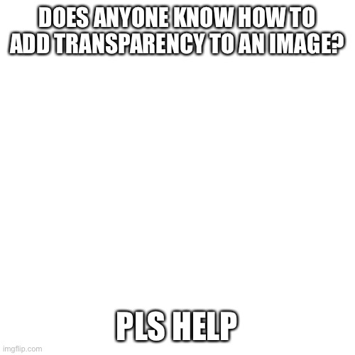 Blank Transparent Square | DOES ANYONE KNOW HOW TO ADD TRANSPARENCY TO AN IMAGE? PLS HELP | image tagged in memes,blank transparent square | made w/ Imgflip meme maker