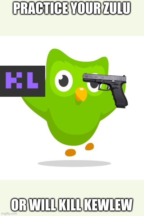 No offense kewlew | PRACTICE YOUR ZULU; OR WILL KILL KEWLEW | image tagged in things duolingo teaches you | made w/ Imgflip meme maker