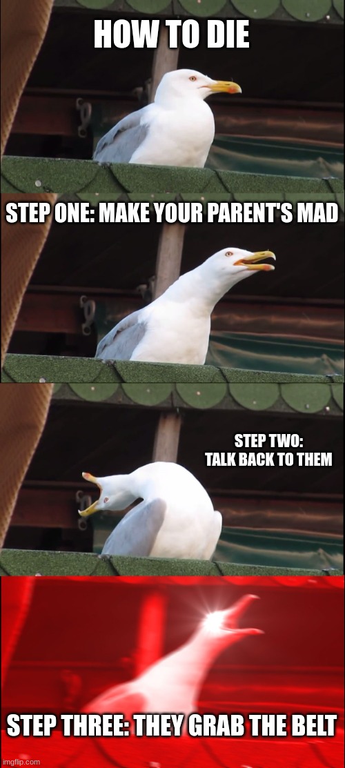 yes | HOW TO DIE; STEP ONE: MAKE YOUR PARENT'S MAD; STEP TWO: TALK BACK TO THEM; STEP THREE: THEY GRAB THE BELT | image tagged in memes,inhaling seagull | made w/ Imgflip meme maker