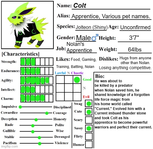 My new Pokemon OC, read comments for more info. | Colt; Apprentice, Various pet names. Unconfirmed; Jolteon (Shiny); Male; 3′7"; Nolan's Apprentice; 64lbs; Hugs from anyone other than Nolan. Food, Gaming, He was about to be killed by a predator when Nolan saved him, he shared knowledge of a forgotten life force magic from his home world called "Current." Evolved him with a Current imbued thunder stone and took Colt as his apprentice to become powerful warriors and perfect their current. Training, Battling, Nolan; Losing anything competitive. | image tagged in character chart,pokemon,eevee | made w/ Imgflip meme maker