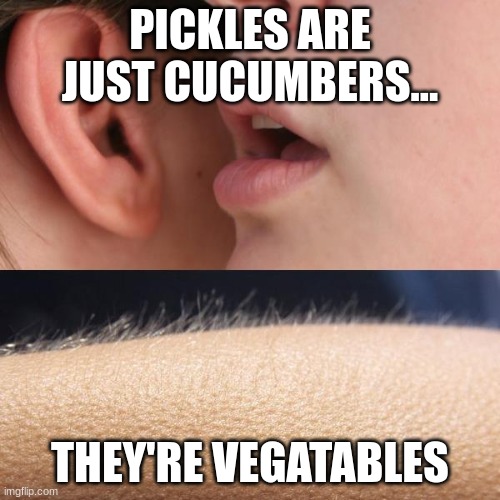 When you realize pickles are cucumbers | PICKLES ARE JUST CUCUMBERS... THEY'RE VEGATABLES | image tagged in whisper and goosebumps | made w/ Imgflip meme maker