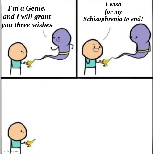 Hey, his wish came true! | I'm a Genie, and I will grant you three wishes; I wish for my Schizophrenia to end! | image tagged in memes,funny,genie,i will grant you three wishes,schizophrenia | made w/ Imgflip meme maker