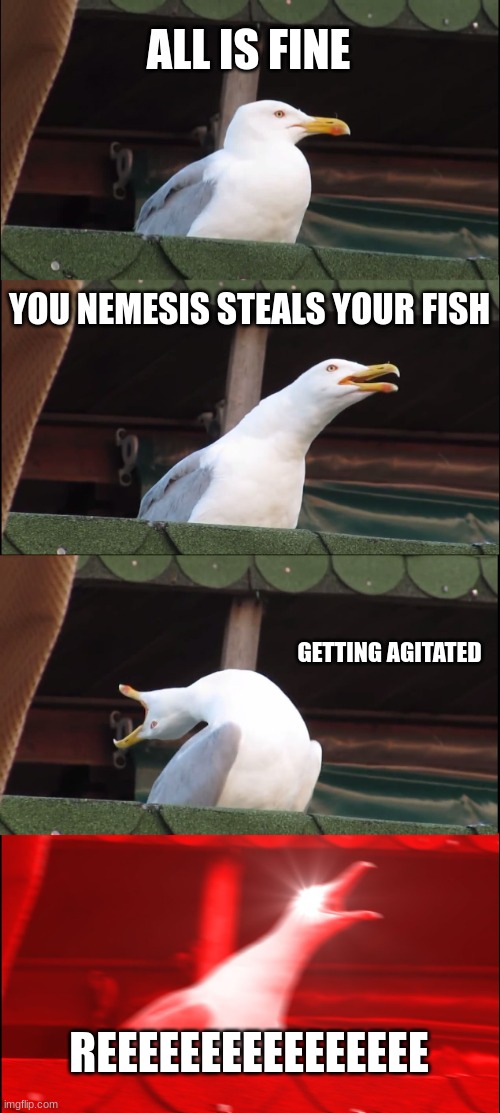 Inhaling Seagull Meme | ALL IS FINE; YOU NEMESIS STEALS YOUR FISH; GETTING AGITATED; REEEEEEEEEEEEEEEE | image tagged in memes,inhaling seagull | made w/ Imgflip meme maker