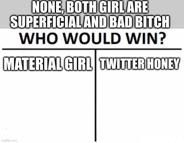 superficial girl | NONE, BOTH GIRL ARE SUPERFICIAL AND BAD BITCH; MATERIAL GIRL; TWITTER HONEY | image tagged in memes,who would win | made w/ Imgflip meme maker