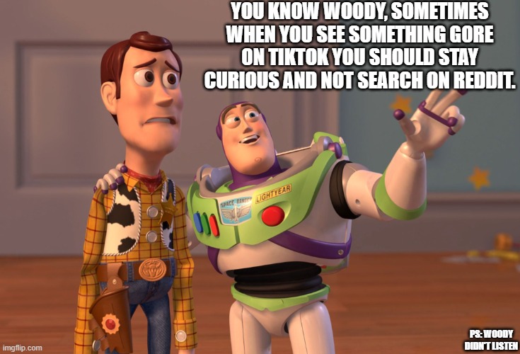 True story | YOU KNOW WOODY, SOMETIMES WHEN YOU SEE SOMETHING GORE ON TIKTOK YOU SHOULD STAY CURIOUS AND NOT SEARCH ON REDDIT. PS: WOODY DIDN'T LISTEN | image tagged in memes,x x everywhere,mistake,why are you reading this | made w/ Imgflip meme maker