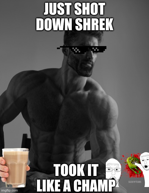 Giga Chad | JUST SHOT DOWN SHREK; TOOK IT LIKE A CHAMP | image tagged in giga chad | made w/ Imgflip meme maker