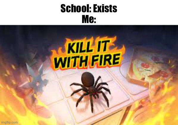 Kill it with fire | School: Exists
Me: | image tagged in kill it with fire,why are you reading the tags,school stinks,bruh moment | made w/ Imgflip meme maker