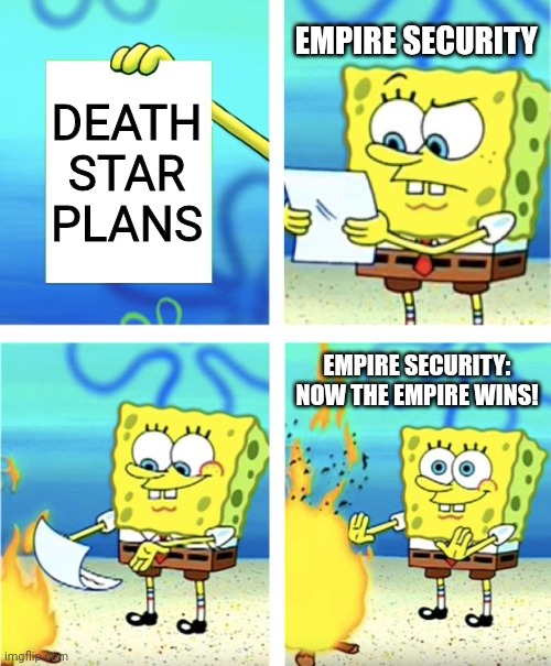 The empire wins | EMPIRE SECURITY; DEATH STAR PLANS; EMPIRE SECURITY: NOW THE EMPIRE WINS! | image tagged in spongebob burning paper | made w/ Imgflip meme maker