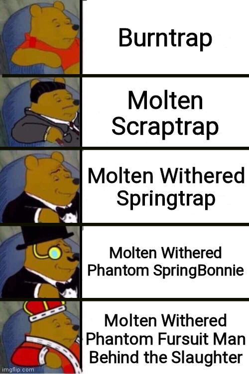 Winnie the Pooh 5 Panel | Burntrap; Molten Scraptrap; Molten Withered Springtrap; Molten Withered Phantom SpringBonnie; Molten Withered Phantom Fursuit Man Behind the Slaughter | image tagged in winnie the pooh 5 panel,fnaf,memes | made w/ Imgflip meme maker