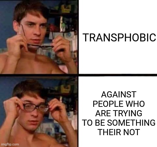 Peter Parker's Glasses | TRANSPHOBIC; AGAINST PEOPLE WHO ARE TRYING TO BE SOMETHING THEIR NOT | image tagged in peter parker's glasses | made w/ Imgflip meme maker