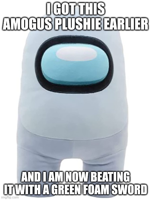 I GOT THIS AMOGUS PLUSHIE EARLIER AND I AM NOW BEATING IT WITH A GREEN FOAM SWORD | made w/ Imgflip meme maker