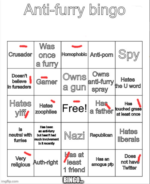 Anti-Furry bingo | BINGO... | image tagged in anti-furry bingo | made w/ Imgflip meme maker