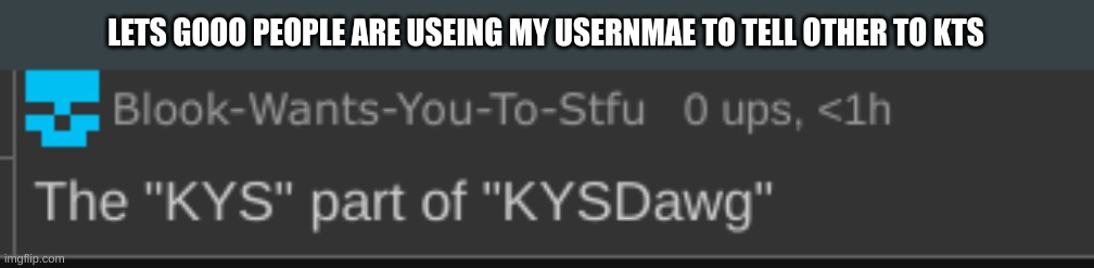 LETS GOOO PEOPLE ARE USEING MY USERNMAE TO TELL OTHER TO KTS | made w/ Imgflip meme maker
