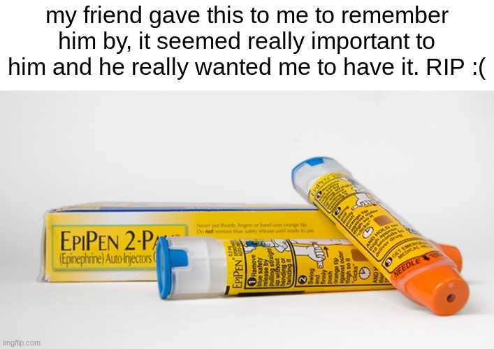 rip | my friend gave this to me to remember him by, it seemed really important to him and he really wanted me to have it. RIP :( | image tagged in epipen,dark humor,lol | made w/ Imgflip meme maker